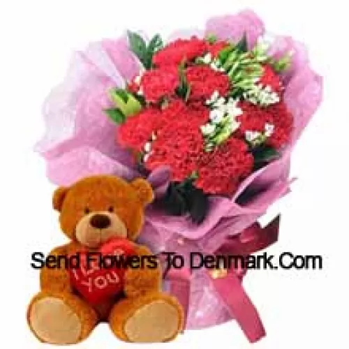 Bunch Of 11 Red Carnations With Seasonal Fillers Along With A Cute 12 Inches Tall Brown Teddy Bear