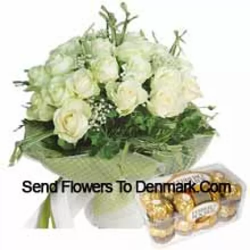 Bunch Of 19 White Roses With Seasonal Fillers Along With 16 Pcs Ferrero Rochers