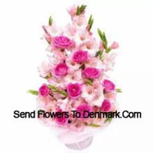 Basket Of Pink Roses And Gladiolus