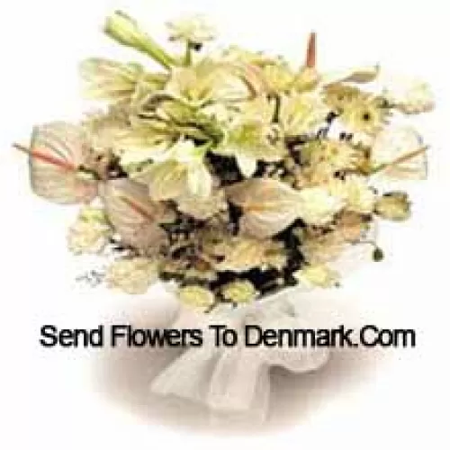 Bunch Of White Lilies, White Anthuriums, White Carnations And White Roses With Seasonal Fillers