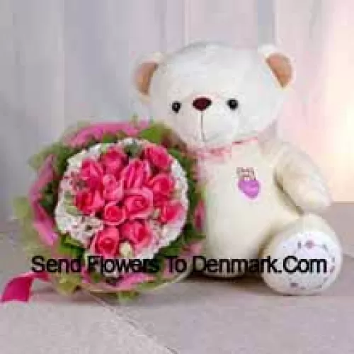 Bouquet de 11 roses roses et un ours en peluche de taille moyenne mignon