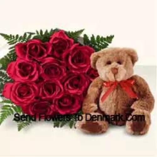 Bunch Of 11 Red Roses With A Cute Brown 8 Inches Teddy Bear