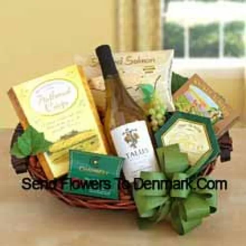 This Gift Basket includes A mouthwatering California white wine paired with a smorgasbord of gourmet snacks. Gourmet snacks include: flatbread crisps, smoked salmon, cheese, smoked almonds and chocolate truffles. (Contents of basket including wine may vary by season and delivery location. In case of unavailability of a certain product we will substitute the same with a product of equal or higher value)
