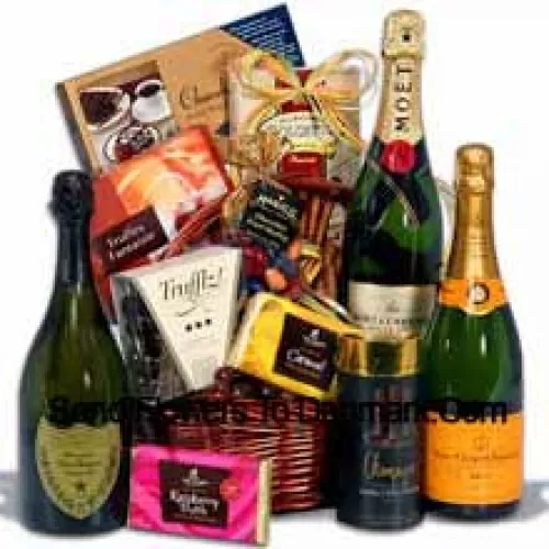 This Christmas Gift Basket Includes Moet & Chandon White Star Champagne - 750 ml, Veuve Clicquot Ponsardin Yellow Label - 750 ml, Dom Perignon - 750 ml, Champagne Trufflz by Marich, Toasted Almond Chocolate Lace by Hauser Chocolatier, Dark Raspberry Truffle Bar by Lake Champlain Chocolates,  Milk Caramel Truffle Bar by Lake Champlain, Truffles Fantaisie by Guyaux Chocolatier, Champagne Sticks by Sweet Candy, Chocolate Fruit Medley in Colored Shells by Marich And Chocolate Wafer Rolls by Dolcetto. (Contents of basket including wine may vary by season and delivery location. In case of unavailability of a certain product we will substitute the same with a product of equal or higher value)