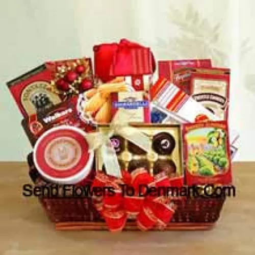 Send your wishes for happy holidays to everyone on your gift list this year with our gourmet gift basket designed just for the occasion. Our delightful tray basket holds Walker's holiday shortbread cookies, Ghirardelli chocolate assortment, Jelly Belly jelly beans, butter toffee pretzels, truffle cookies, cheese swirls, smoked almonds, cheese, English tea cookies, water crackers, and a Ghirardelli chocolate bar. The variety makes it perfect when you want to make sure there is something for everyone to enjoy. They'll love the elegant presentation with a big bow on the front, and can keep the wicker basket to use long after the food has been enjoyed (Please Note That We Reserve The Right To Substitute Any Product With A Suitable Product Of Equal Value In Case Of Non-Availability Of A Certain Product)