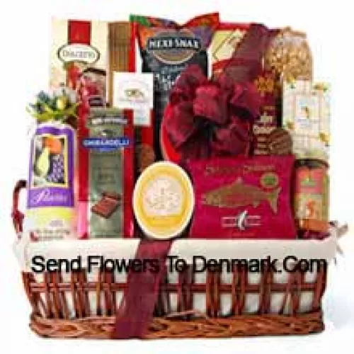 When you need to feed a crowd, just deliver this generous holiday gift basket. It's all decked out and ready for the party. We've included plenty of ready to eat gourmet food for them to enjoy, like Ghirardelli Chocolate Raspberry Squares, Pistachios, White Corn Chips and Salsa, Chocolate Wafer Cookies, Dolcetto Wafer Rolls, Amaretto Almond Cookies, Chocolate Covered Cherries, Smoked Salmon, Brie Cheese, Cracked Pepper Crackers, Cheese Straws, Chocolate Covered Sandwich Cookies, and Mocha Almonds. (Please Note That We Reserve The Right To Substitute Any Product With A Suitable Product Of Equal Value In Case Of Non-Availability Of A Certain Product)